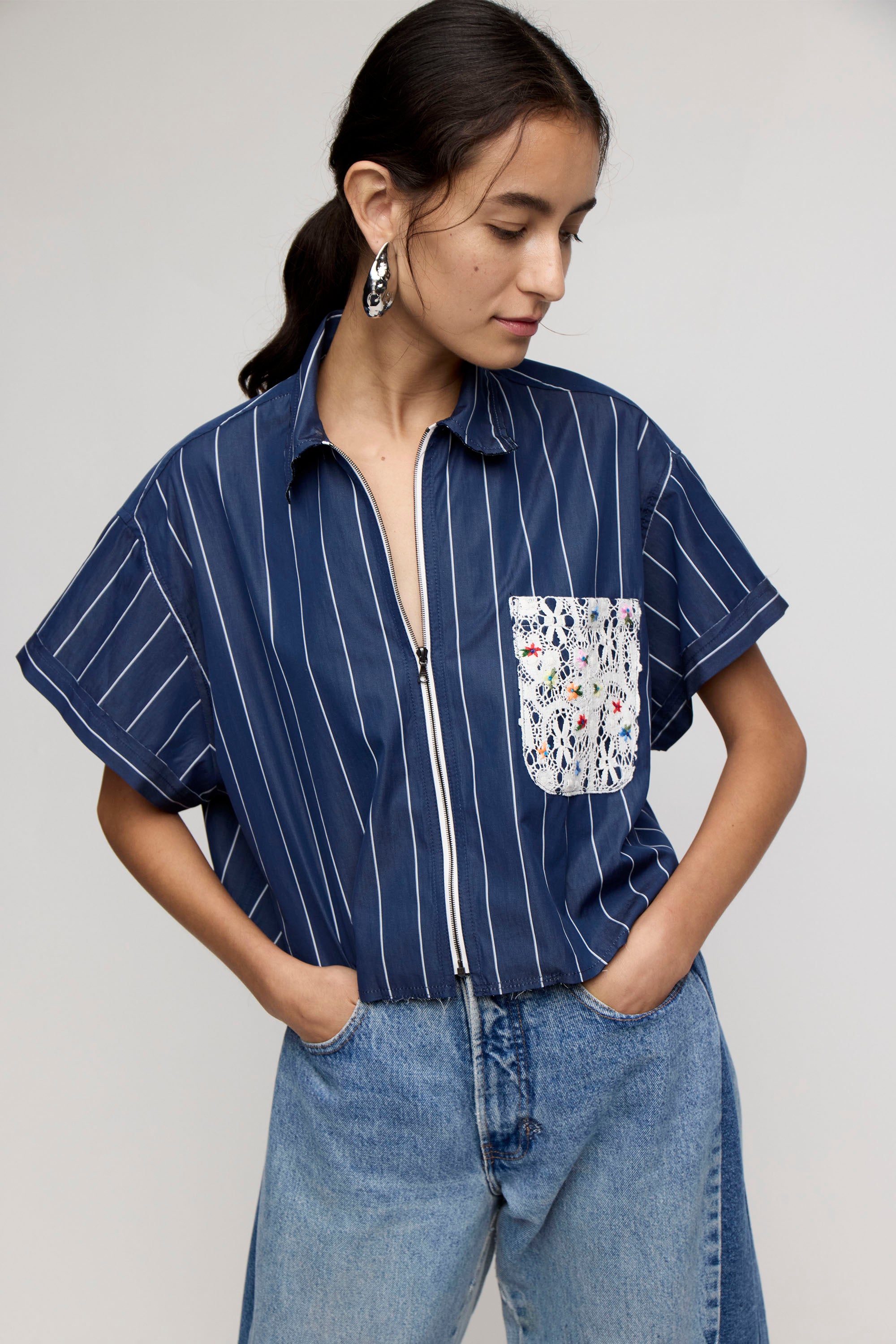 Eddy Liberator Crop Top in Navy Pinstripe