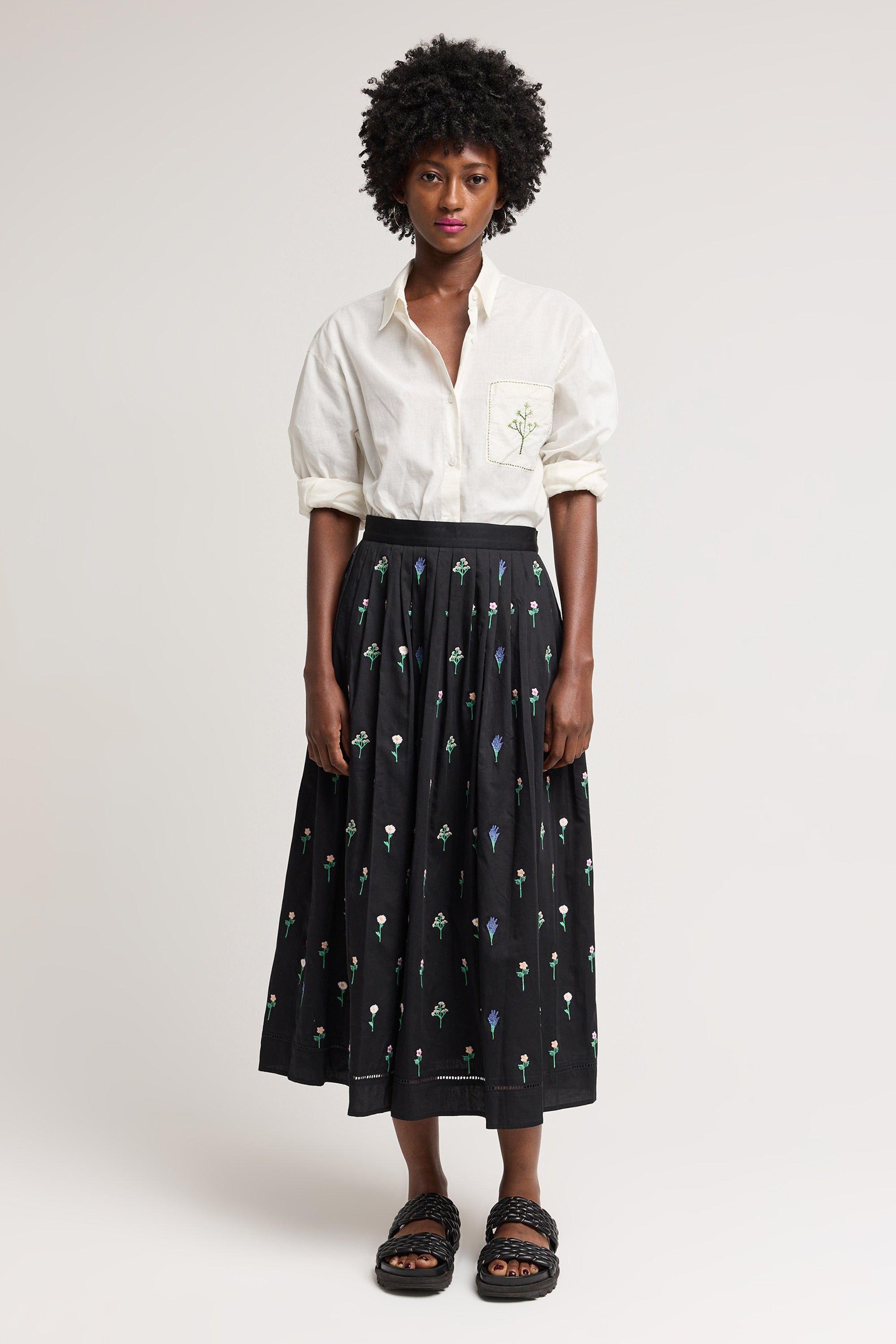 Midnight Meadow Skirt in Floral Embroidery
