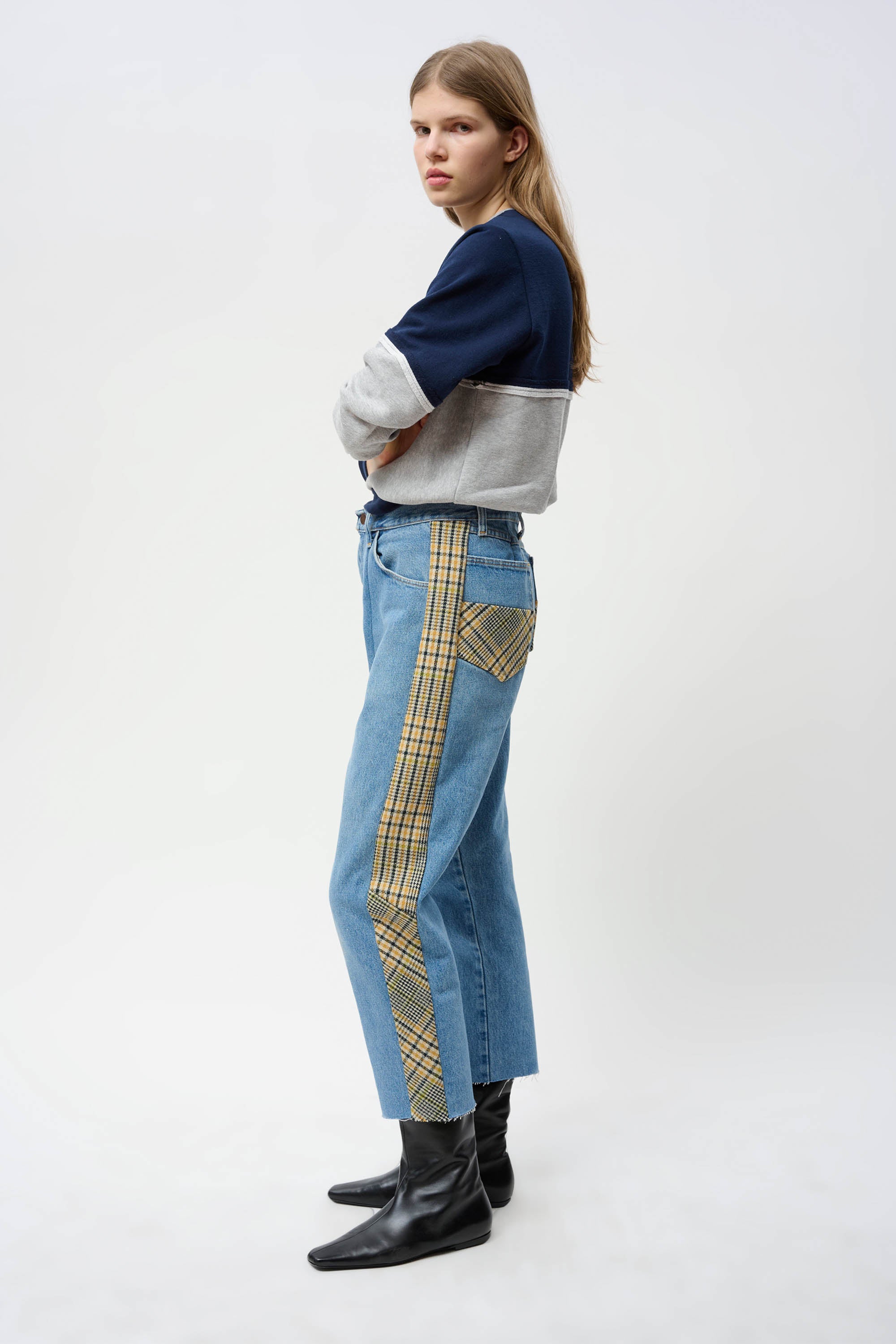PANEL JEANS in Yellow Plaid